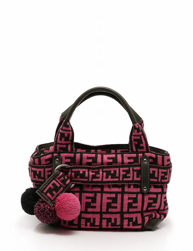 フェンディ FENDI ハンドバッグ ズッカ柄 ピンク カーキ ニット レザー 