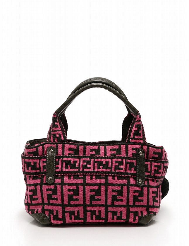 フェンディ FENDI ハンドバッグ ズッカ柄 ピンク カーキ ニット レザー 