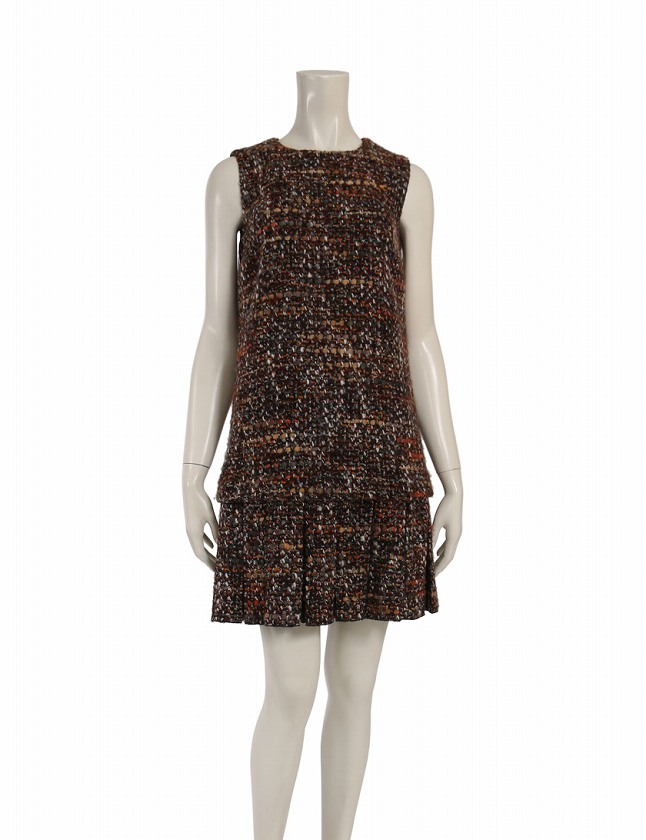 ドルチェ ガッバーナ ドルガバ Dolce Gabbana ワンピース ノースリーブ ツイード 茶色 ブラウン マルチカラー M ミニ丈 ミックスカラー 40 ウール ナイロン ハンガー付き レディース 114 ベクトルパーク