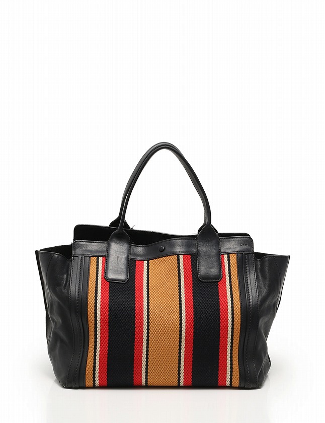 CHLOE ブラックレザー＆コットントートバッグ
