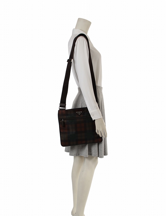 プラダ PRADA ショルダーバッグ 茶色 カーキ ベージュ チェック柄 