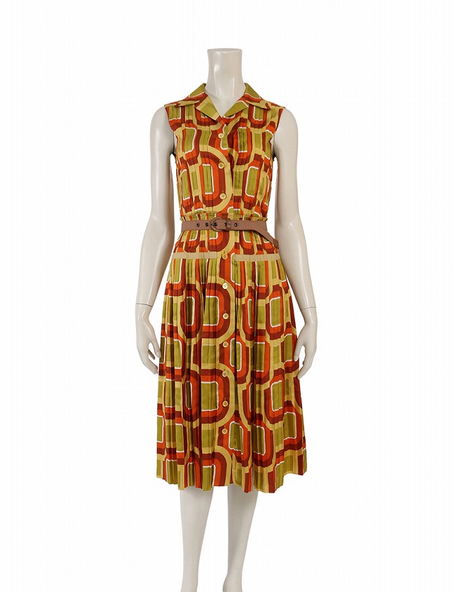 プラダ Prada シャツワンピース ノースリーブ オレンジ 黄色 S ミモレ丈 総柄 38 シルク100 ベルト付き レディース 114 ベクトルパーク