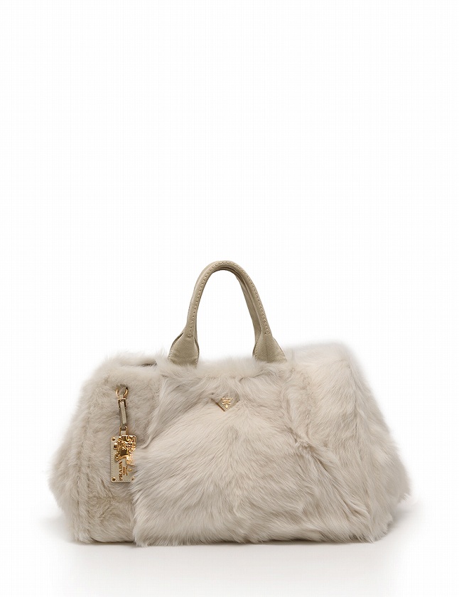 プラダ PRADA トートバッグ カナパ アイボリー 白 ファー スエード 