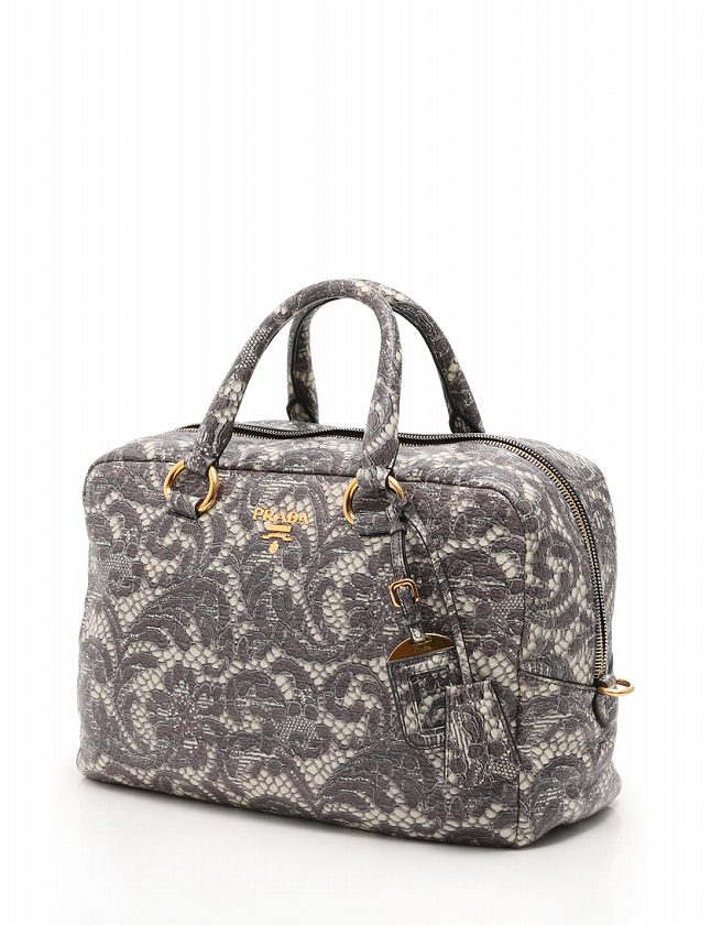 プラダ ミニボストンバッグ ハンドバッグ レザー×ナイロン グレー プラダ PRADA ミニボストン ハンドバッグ グレー プリントレザー