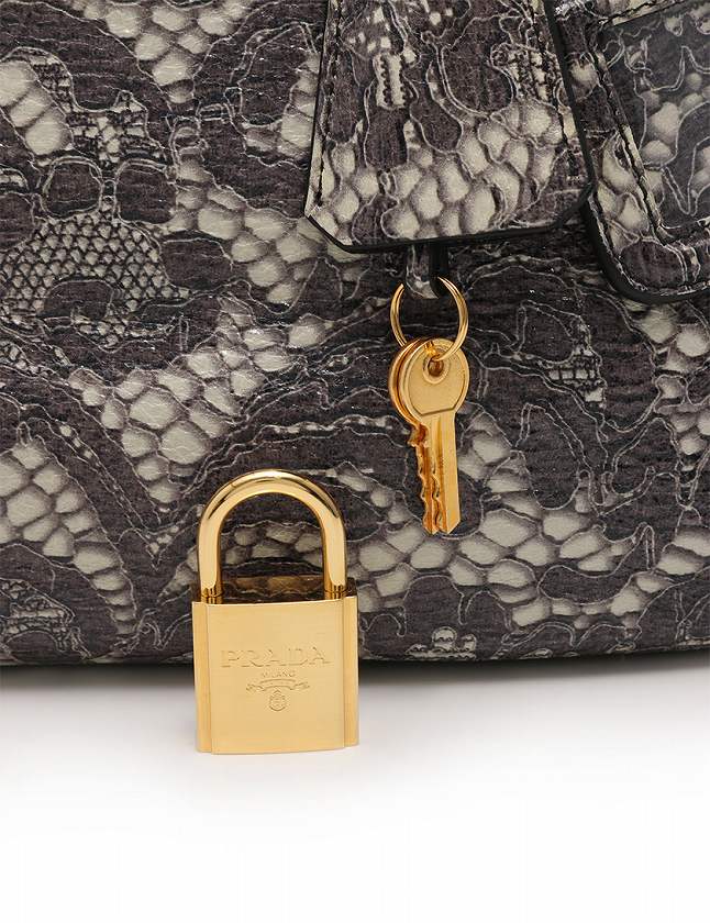 プラダ ミニボストンバッグ ハンドバッグ レザー×ナイロン グレー プラダ PRADA ミニボストン ハンドバッグ グレー プリントレザー