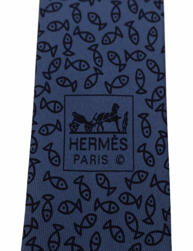 エルメス HERMES ネクタイ レギュラータイ 青 小物 魚柄 シルク100% メンズ