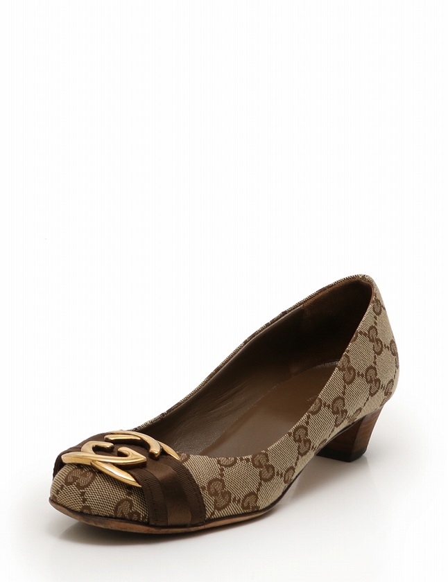 グッチ GUCCI パンプス ヒール インターロッキングG ベージュ 茶 23cm 