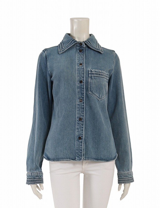 クロエ CHLOE デニムシャツ 青 ブルー XS トップス 長袖 無地 ユーズド  
