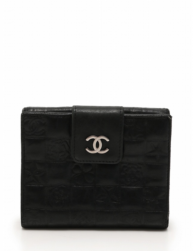 シャネル CHANEL 財布 二つ折り アイコンライン Wホック 黒 ブラック 