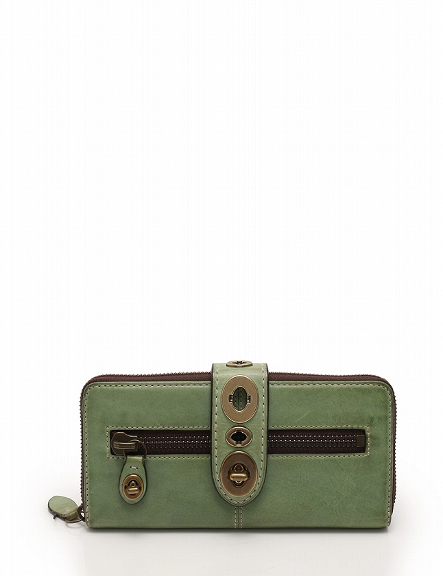 超希少 COACH コーチ ミニポーチ ターンロック カラビナ レザー グリーン コーチ COACH 長財布 ラウンドファスナー ターンロックデザイン