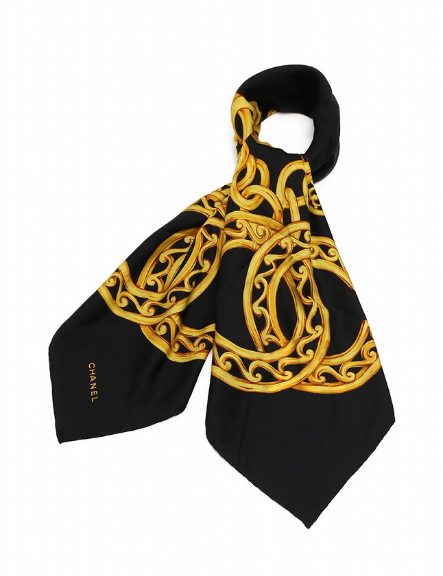 シャネル CHANEL スカーフ スクエア ココマーク 黒 ブラック 黄色 小物 