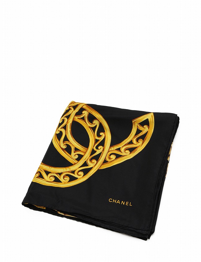 シャネル CHANEL スカーフ スクエア ココマーク 黒 ブラック 黄色 小物 