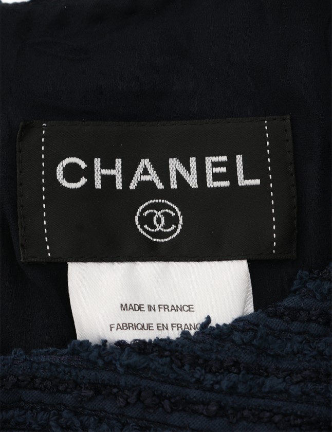 シャネル CHANEL ワンピース ツイード ネイビー 白 34 ノースリーブ