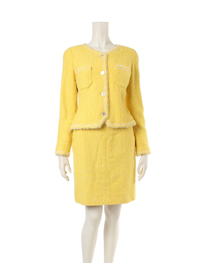 シャネル CHANEL スカートスーツ ツイード セットアップ 黄 38 長袖