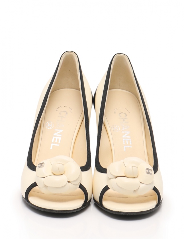 シャネル カメリア オープン トゥ パンプス 正規品 中古・古着通販】CHANEL (シャネル) カメリアヒールパンプス