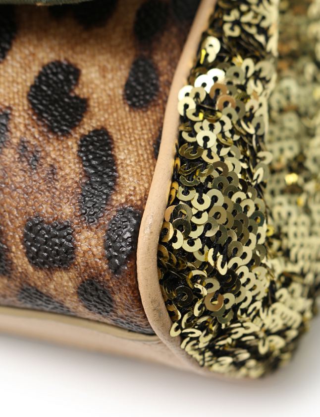 ドルチェ&ガッバーナ ドルガバ DOLCE&GABBANA ハンドバッグ シシリー レオパード柄 刺繍 ベージュ ダークブラウン 緑 PVC キャンバス レザー 2WAY スパンコール レディース