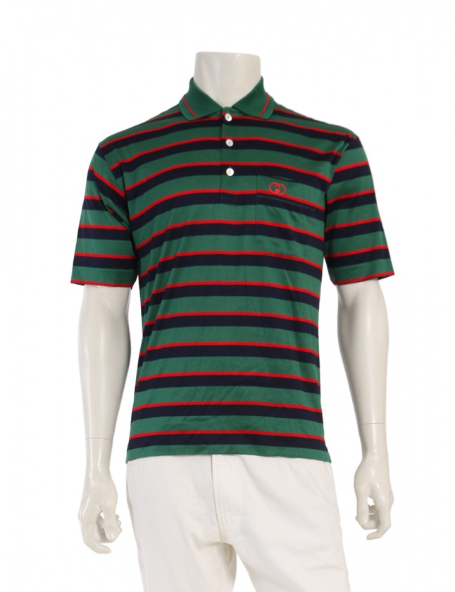 GUCCI グッチ (S) ボーダー ポロシャツ 半袖 メンズ グッチ GUCCI ポロシャツ インターロッキングG 緑 ネイビー 緑 S
