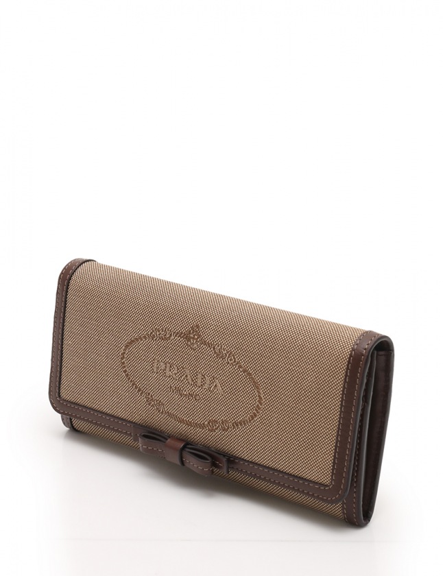 プラダ PRADA 二つ折り長財布 ロゴジャガード ベージュ ダークブラウン  