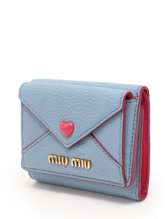 ミュウミュウ miumiu 三つ折り財布 水色 小物 レザー 5MH021 MADRAS 
