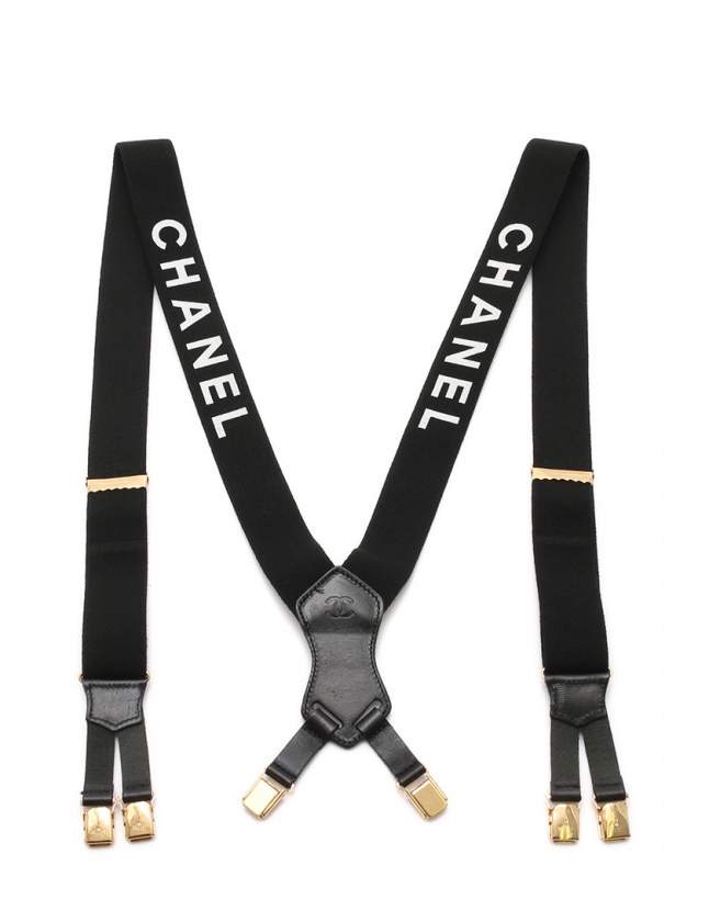 シャネル CHANEL サスペンダー ロゴマーク 黒 ゴールド 小物 ゴム  