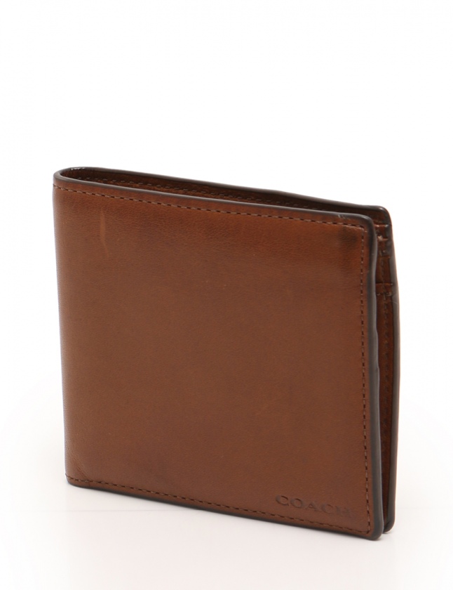 【未使用】COACH メンズ革製二折れ財布（茶色）＝布袋、紙製簡易箱あり コーチ COACH 二つ折り財布 キャメル 小物 レザー メンズ 114