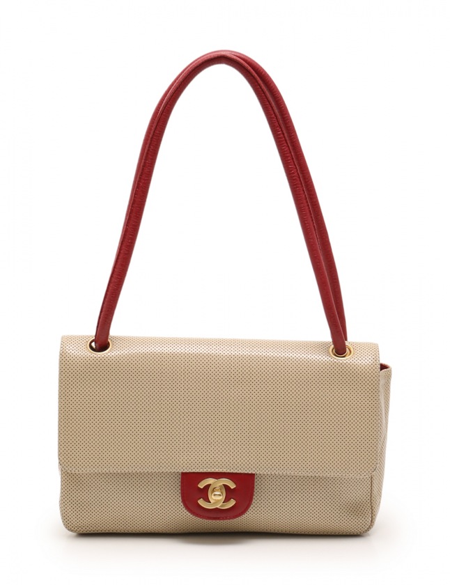 シャネル CHANEL ハンドバッグ ココマーク ベージュ 赤 レザー 