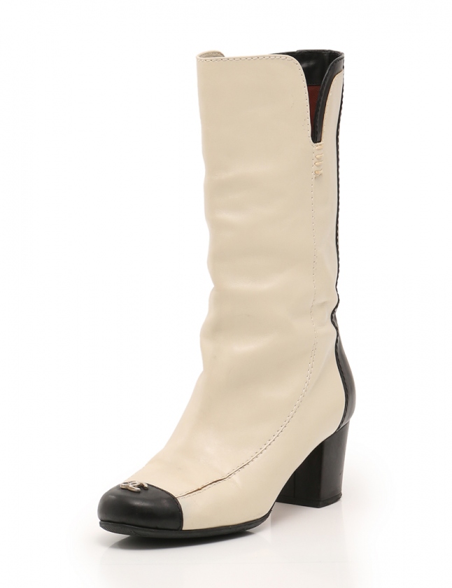 シャネル CHANEL ロングブーツ ココマーク アイボリー 黒 37C シューズ  