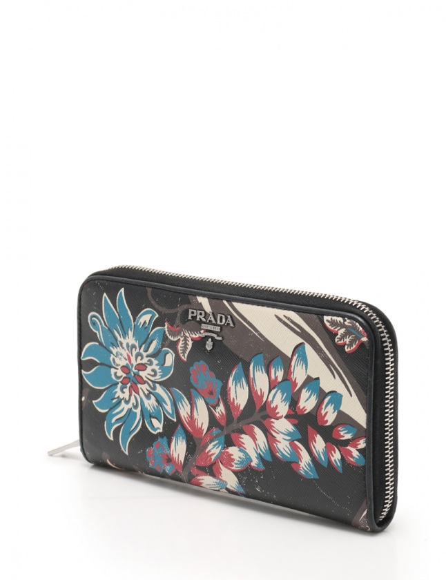 プラダ PRADA ラウンドファスナー 長財布 黒 マルチカラー 小物 花柄 