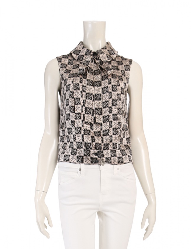 シャネル CHANEL ボウタイシャツブラウス カメリア ベージュ 黒 46  