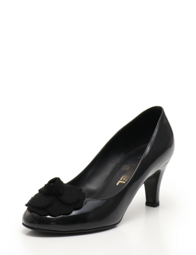 シャネル CHANEL パンプス ヒール カメリア 黒 36.5 シューズ 23.5cm  