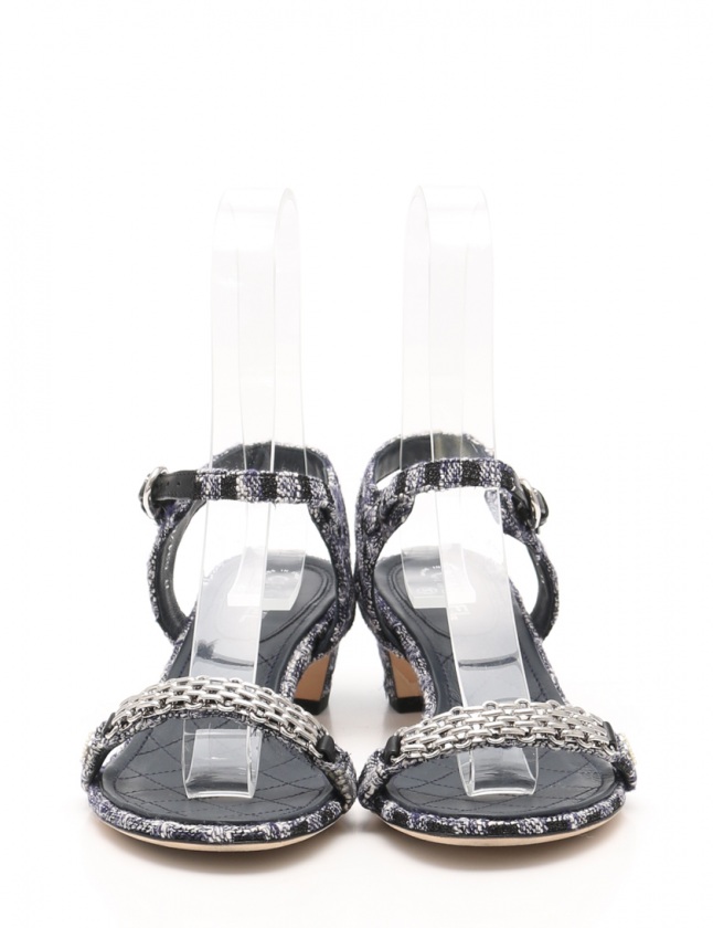 シャネル CHANEL サンダル ヒール チェーン 白 紫 黒 36 1/2 C 