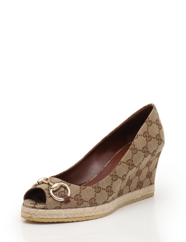 グッチ GUCCI オープントゥパンプス ホースビット GGキャンバス 