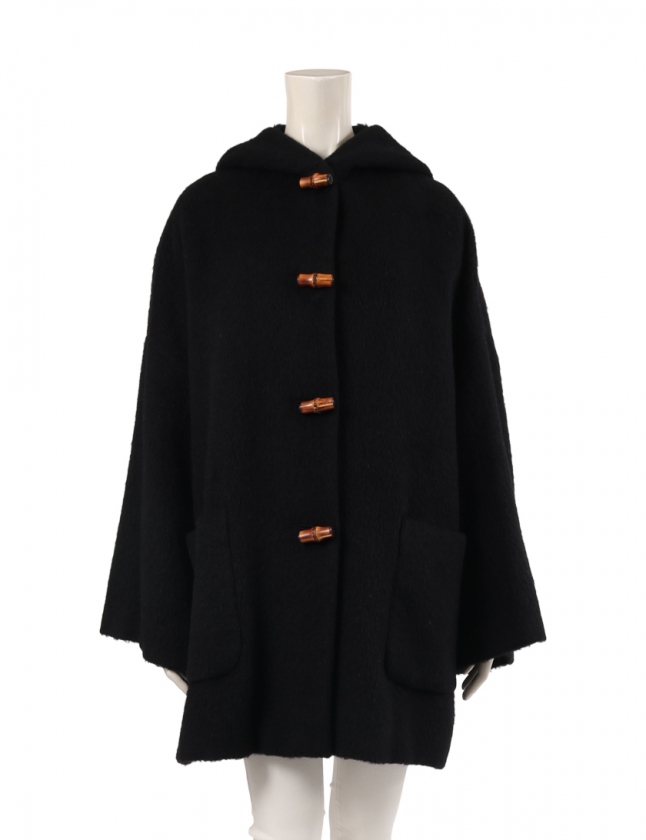 グッチ GUCCI コート バンブー 黒 40 アウター 無地 M アルパカ フード 