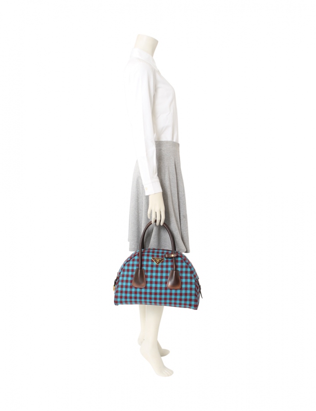 プラダ PRADA ハンドバッグ ミニボストン チェック ターコイズ