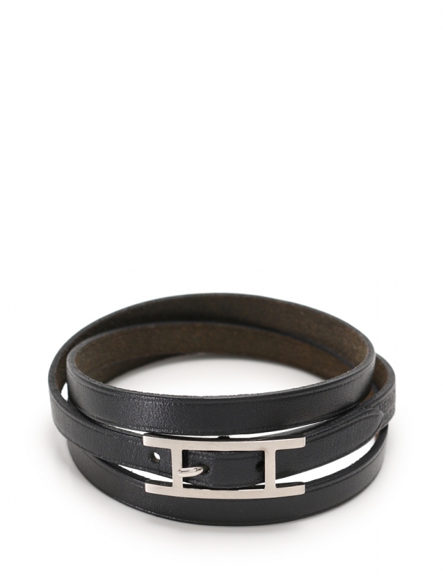エルメス HERMES ロングブレスレット アピ3 黒 アクセサリー レザー 