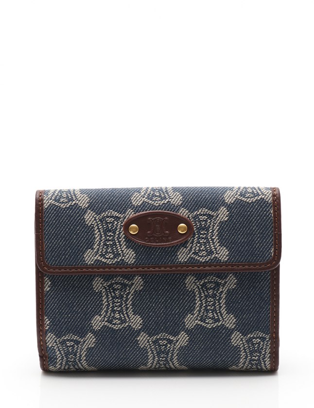 セリーヌ CELINE Wホック財布 マカダム 青 茶 小物 デニム レザー  