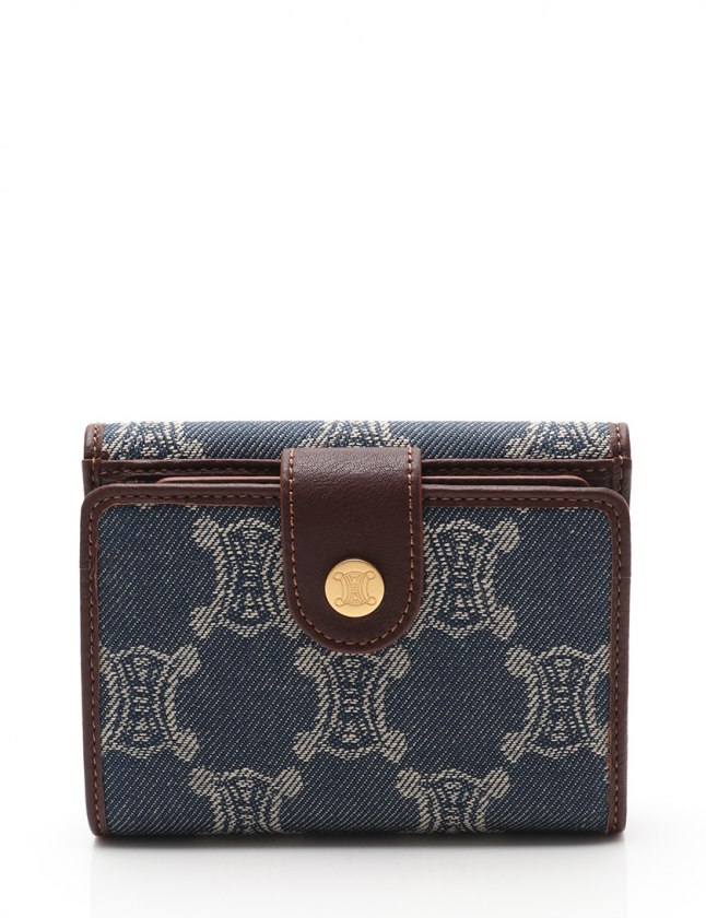 セリーヌ CELINE Wホック財布 マカダム 青 茶 小物 デニム レザー  