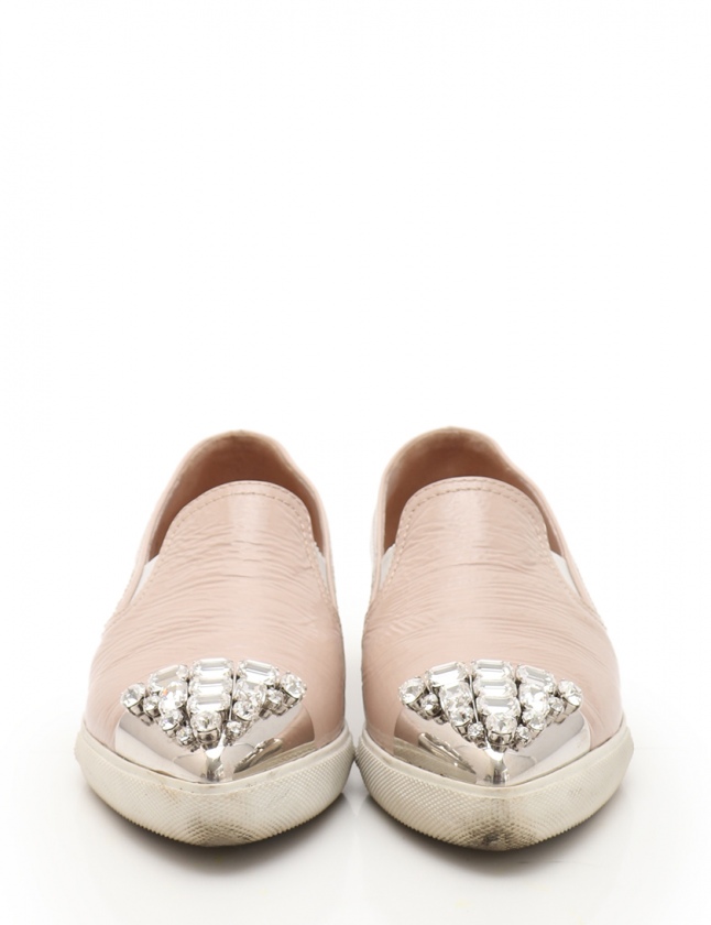 miu miu <美品> ビジュー フラット37.5 ミュウミュウ miumiu スリッポン ローカット ピンクベージュ