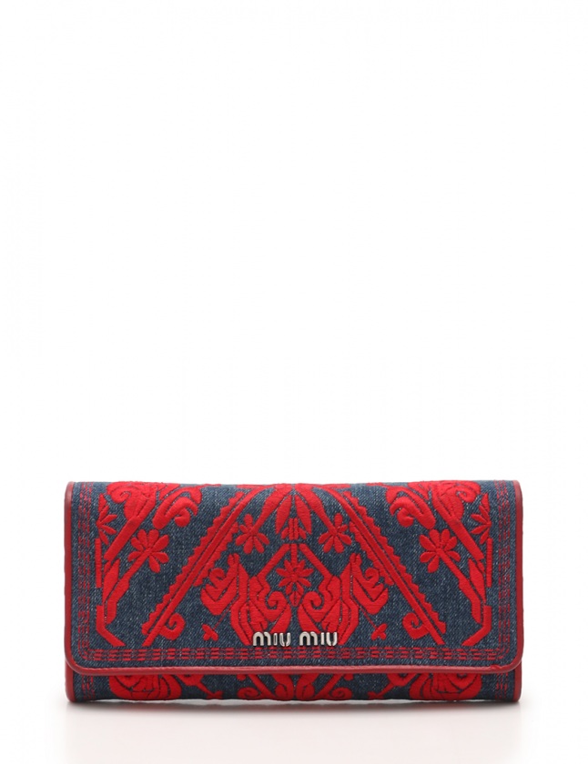 ミュウミュウ miumiu 二つ折り長財布 ネイビー 赤 小物 刺繍 デニム 