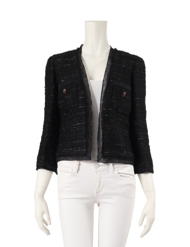 CHANEL 38ノーカラー ブラック ツイードジャケット シャネル CHANEL ノーカラージャケット ツイード 黒 マルチカラー 38