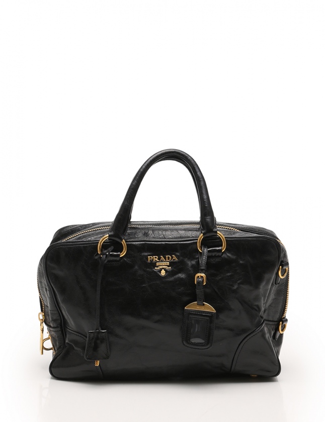 PRADA　ミニボストン　セミショルダー　肩掛け　レザー　バッグ PRADA ブラックレザー ハンドバッグミニボストンショルダーバッグ