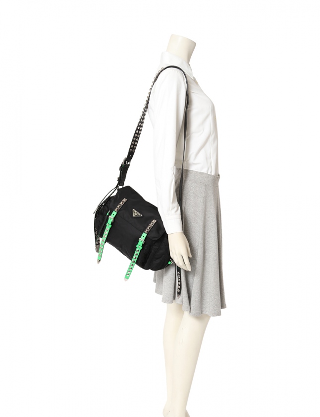 プラダ PRADA ショルダーバッグ 黒 緑 1BD118 ナイロン レザー