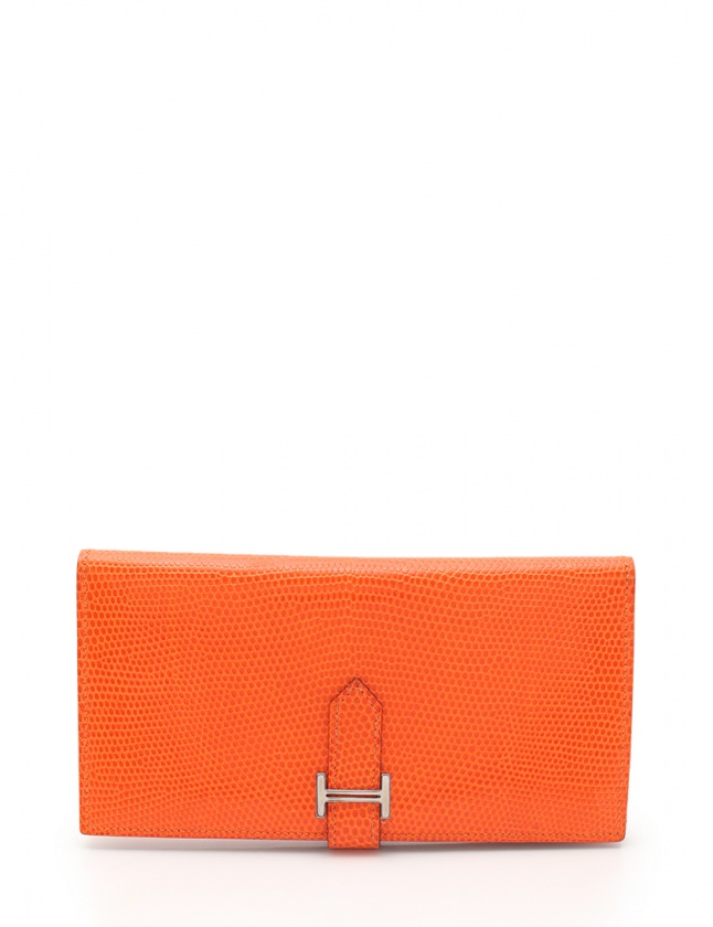 エルメス HERMES 二つ折り長財布 ベアン オレンジ 小物 リザード □H  