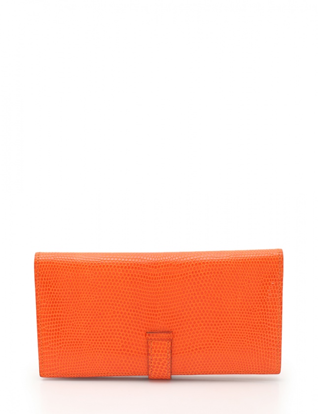 エルメス HERMES 二つ折り長財布 ベアン オレンジ 小物 リザード □H  