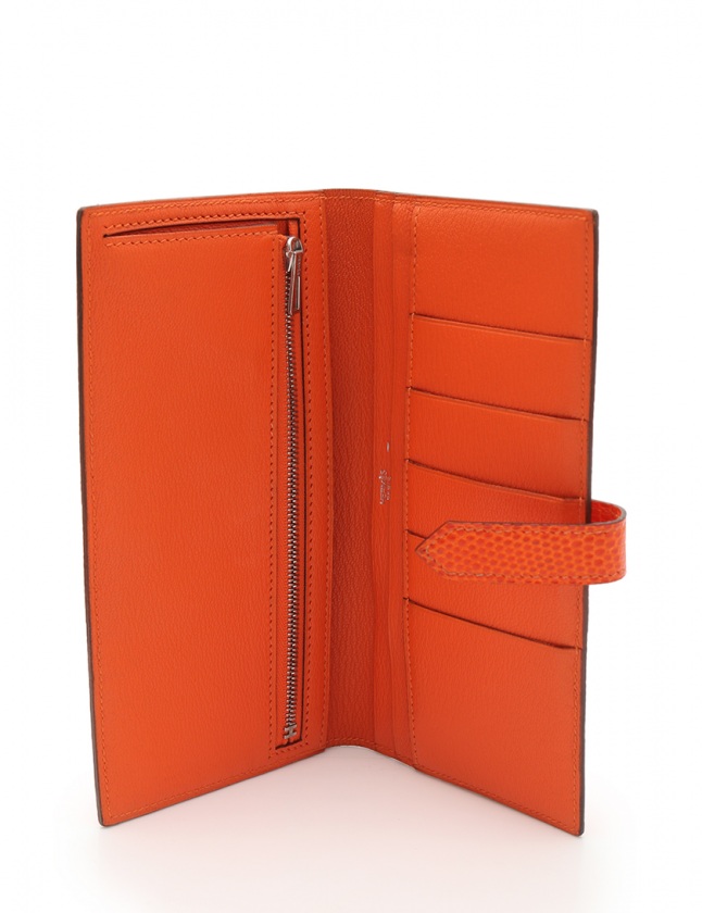 エルメス HERMES 二つ折り長財布 ベアン オレンジ 小物 リザード □H  