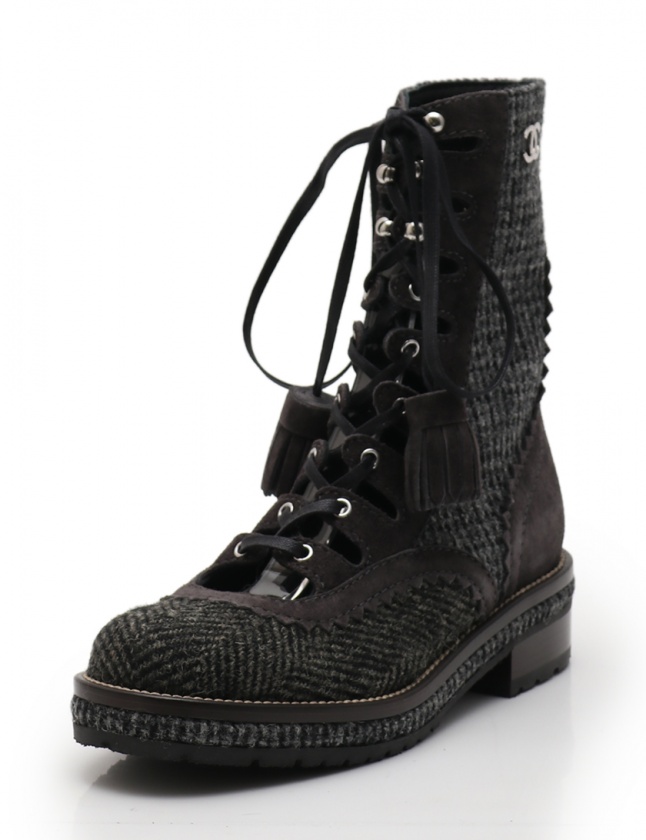 シャネル CHANEL レースアップブーツ グレー 黒 37.5 シューズ 24.5cm