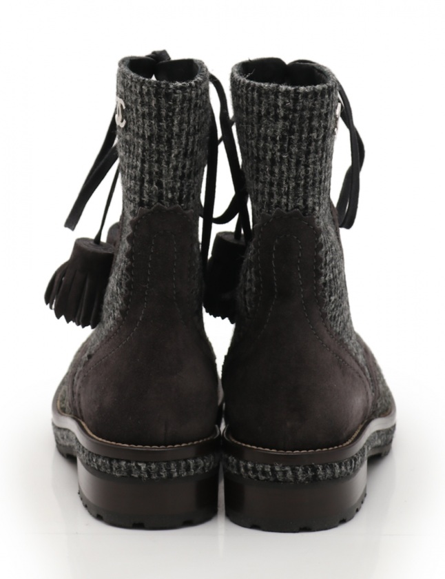 シャネル CHANEL レースアップブーツ グレー 黒 37.5 シューズ 24.5cm  