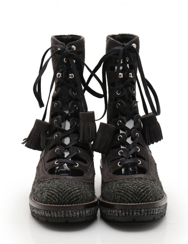 シャネル CHANEL レースアップブーツ グレー 黒 37.5 シューズ 24.5cm  