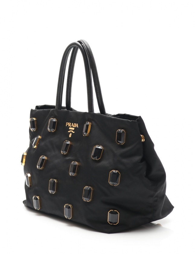 プラダ PRADA トートバッグ 黒 BN1752 ナイロン レザー ビジュー プラダ PRADA トートバッグ 黒 BN1752 ナイロン レザー ビジュー
