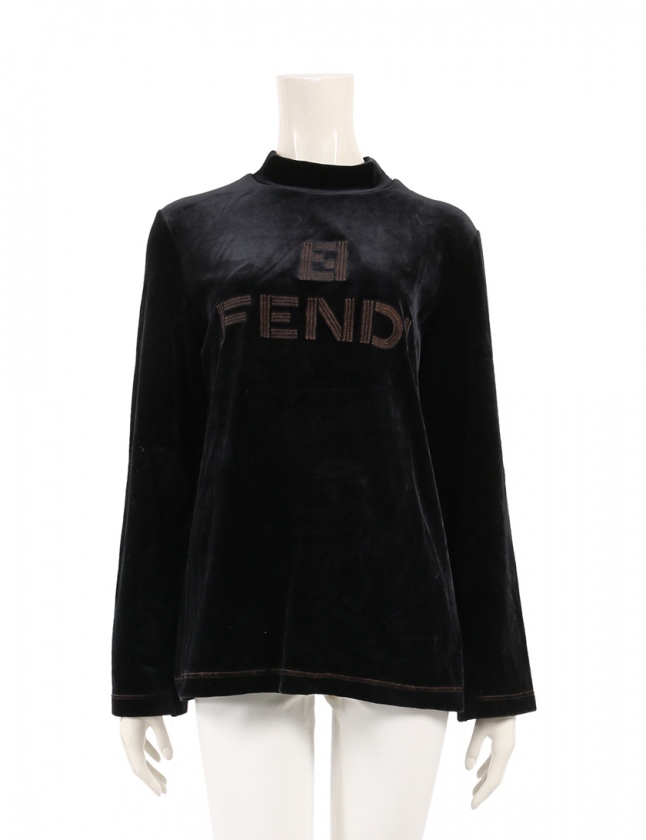 フェンディ FENDI カットソー ベロア 黒 トップス 長袖 ロゴ刺繍 M 